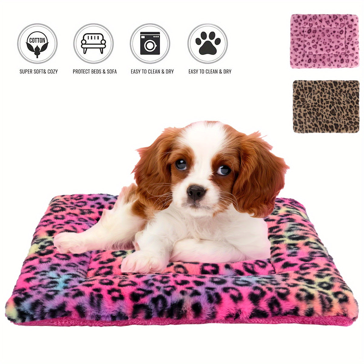 Reversible Dog Crate Mat with Leopard Print, Machine Washable Plush Pet Sleeping Pad for Dogs and Cats, Foldable Fleece Cushion in S to XL