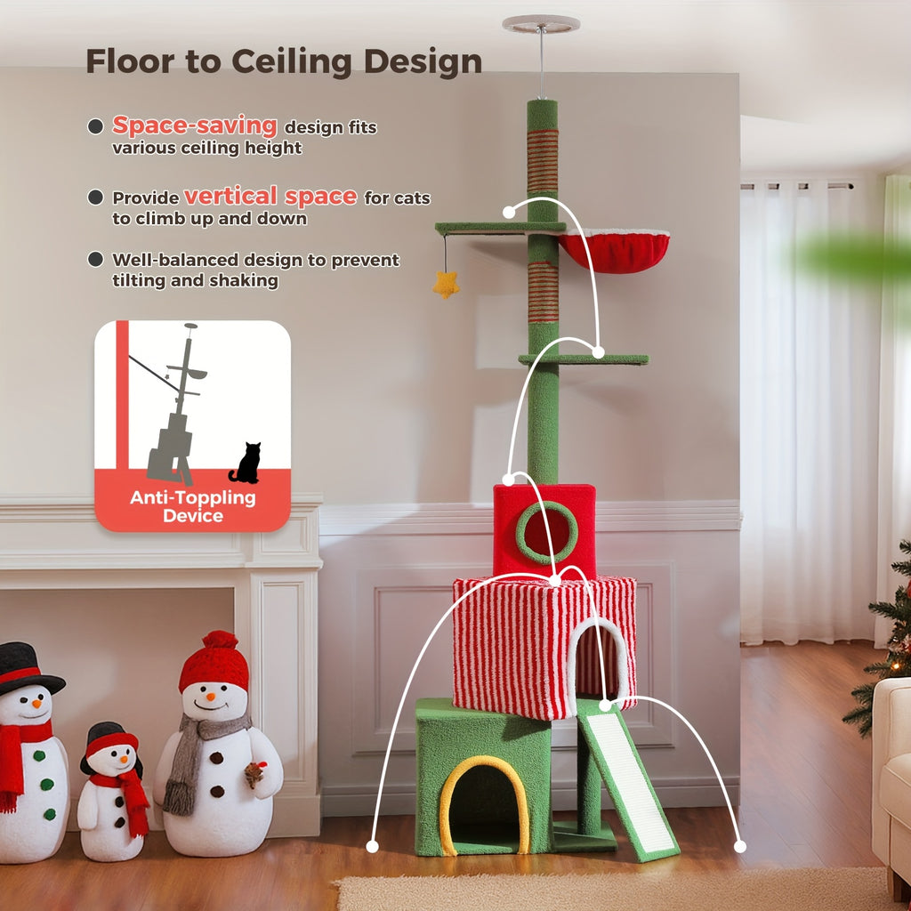 Floor to Ceiling Cat Tree, 90–107 Inch Adjustable 4-Tier Indoor Cat Tower with Tension Rod and Soft Carpet-Style Platforms for Climbing and Rest