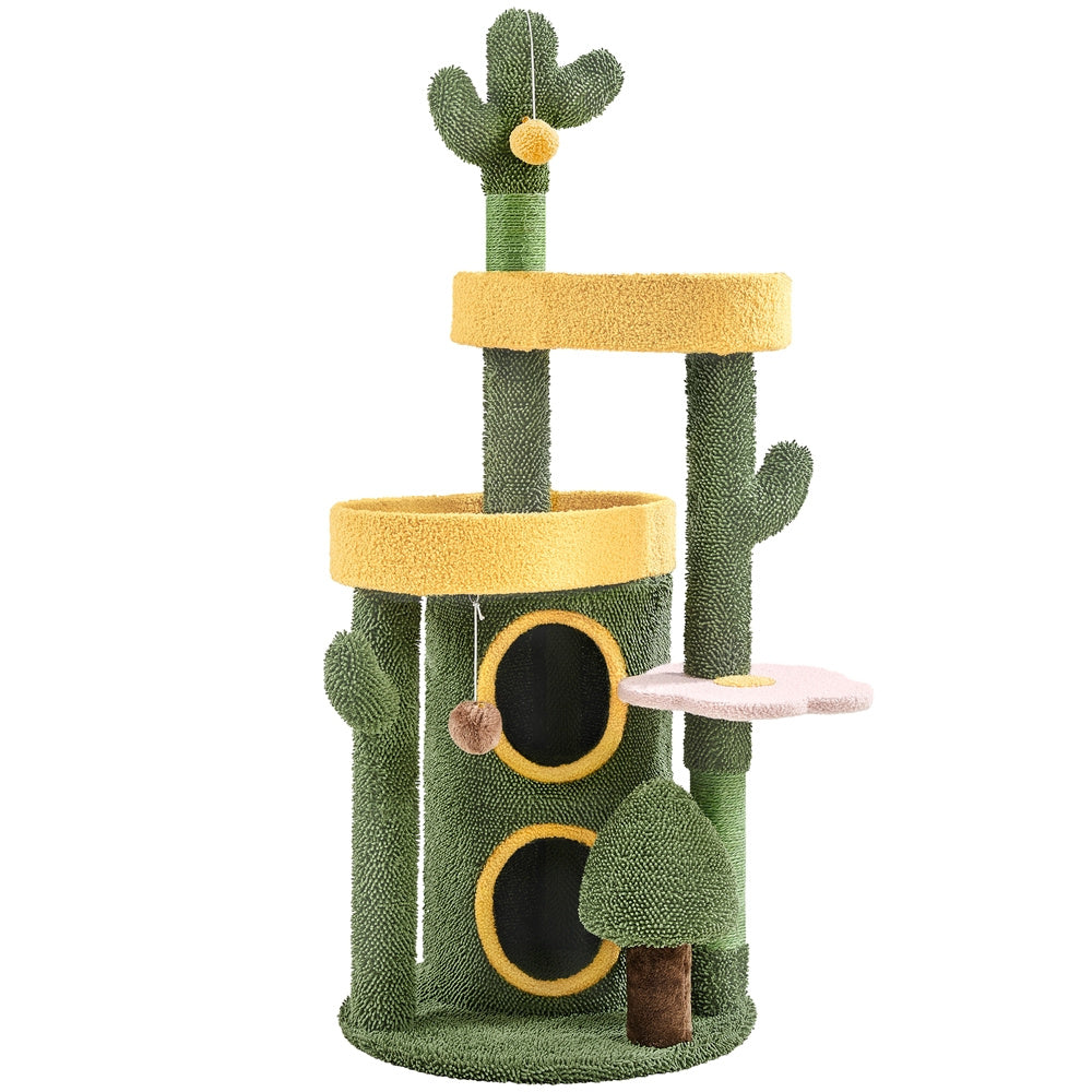Cactus Cat Tree 48.5 Inch, Oasis-Themed Fleece Cat Tower with 3 Perches, Condo, Scratching Posts and Toys for Small Medium Indoor Cats, Green Yellow