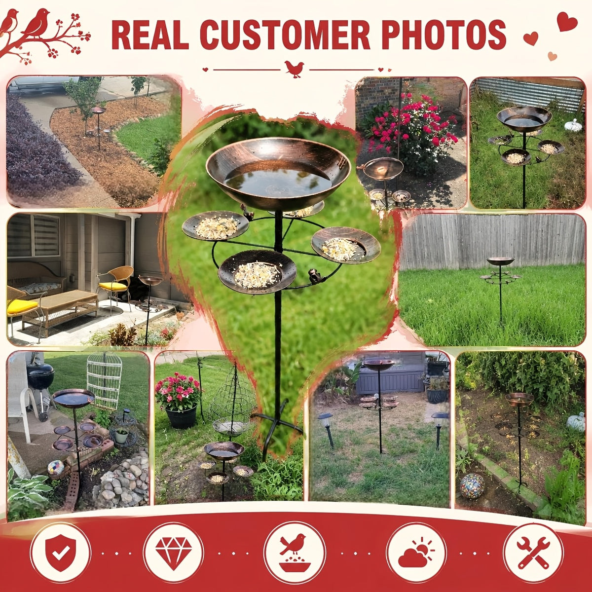 Tree-Shaped Bird Bath in Copper Color, Double-Layer Outdoor Water and Feeding Basin Design with Five-Claw Base for Garden, Yard and Courtyard Decor