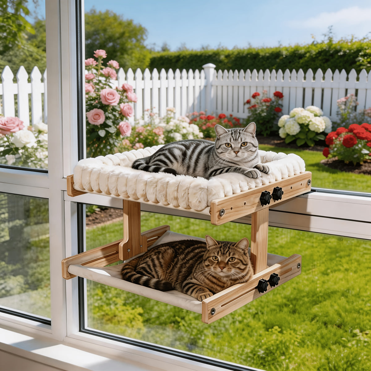 Cat Window Perch with Plush Nest, 3-in-1 Windowsill Hammock and Bedside Cat Bed for Small and Medium Cats, Single or Two-Layer Styles