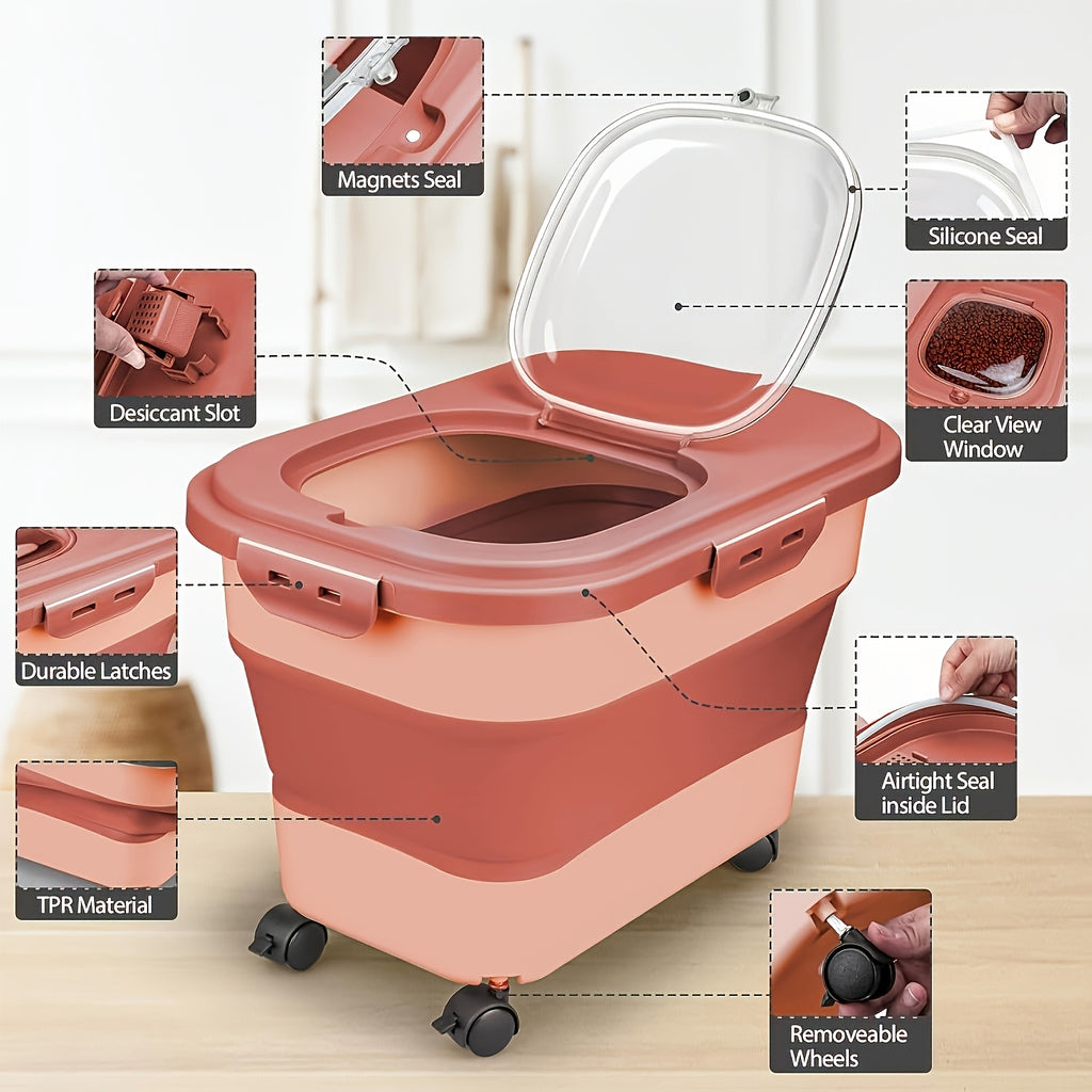 Collapsible Pet Food Storage Container with Airtight Lid and Wheels, 5-30 lb Foldable Dog and Cat Kibble Bin for Kitchen Pantry Organization
