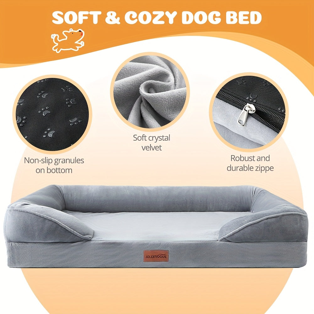 Four-Sided Bolster Dog Bed with Egg-Crate Foam, Grey Flannel Pet Sofa with Removable Washable Cover, Lowered Entry and Non-Skid Bottom, M to XXL