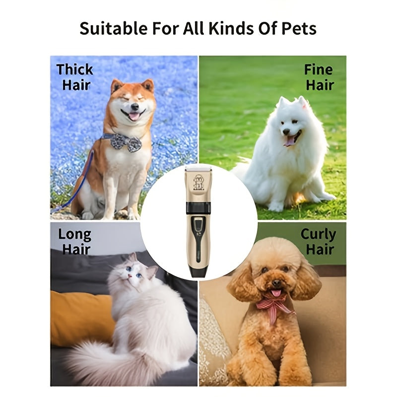 Electric Pet Clippers for Dogs and Cats, Rechargeable Low-Noise Hair Trimmer for At-Home Grooming with Three Gold Grooming Set Options