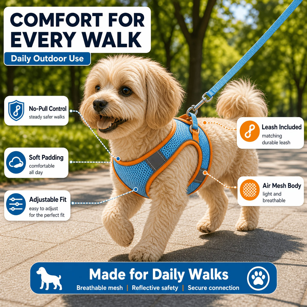 Mesh Pet Harness and Leash Set for Dogs and Cats, Reflective Vest with Padded Edges, Adjustable Fit and Four Color Options in XXS to L