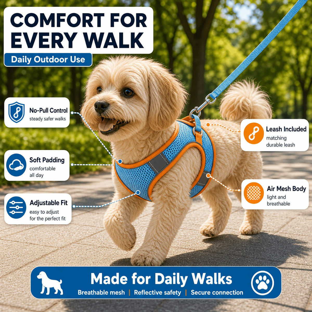 Mesh Pet Harness and Leash Set for Dogs and Cats, Reflective Vest with Padded Edges, Adjustable Fit and Four Color Options in XXS to L