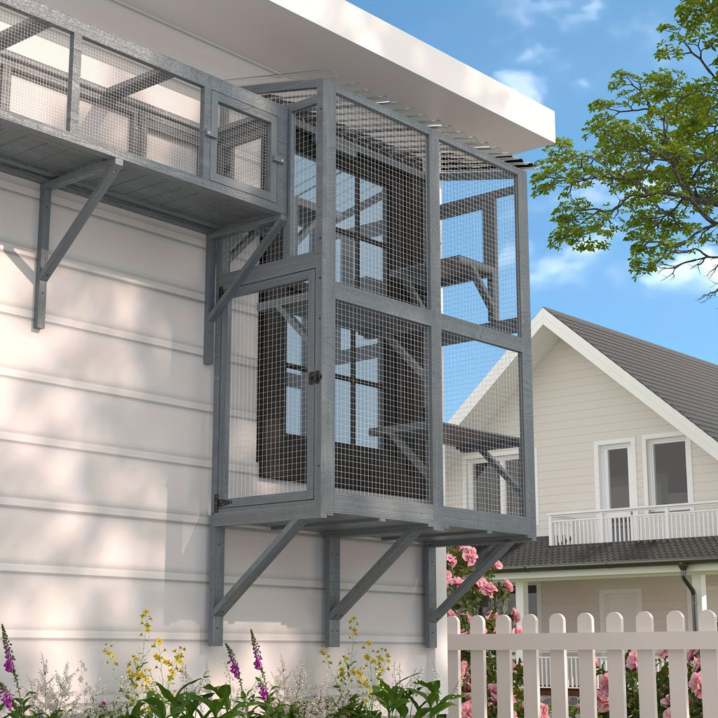 Window Catio for Indoor Cats, Wooden Wall-Mounted Cat Window Box with 4 Platforms and 3 Doors for Sunbathing, Play and Tunnel Connection