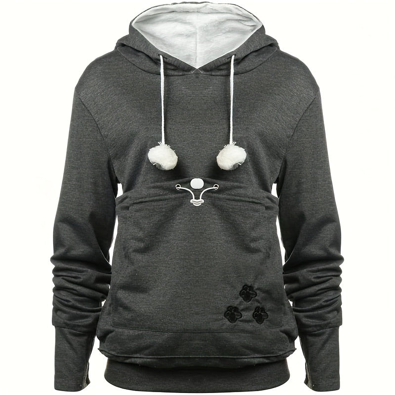 Pet Carrier Hoodie with Kangaroo Pouch for Cats and Small Dogs, Unisex Light Grey Sweatshirt with Removable Washable Liner, Ears and Paw Print Design