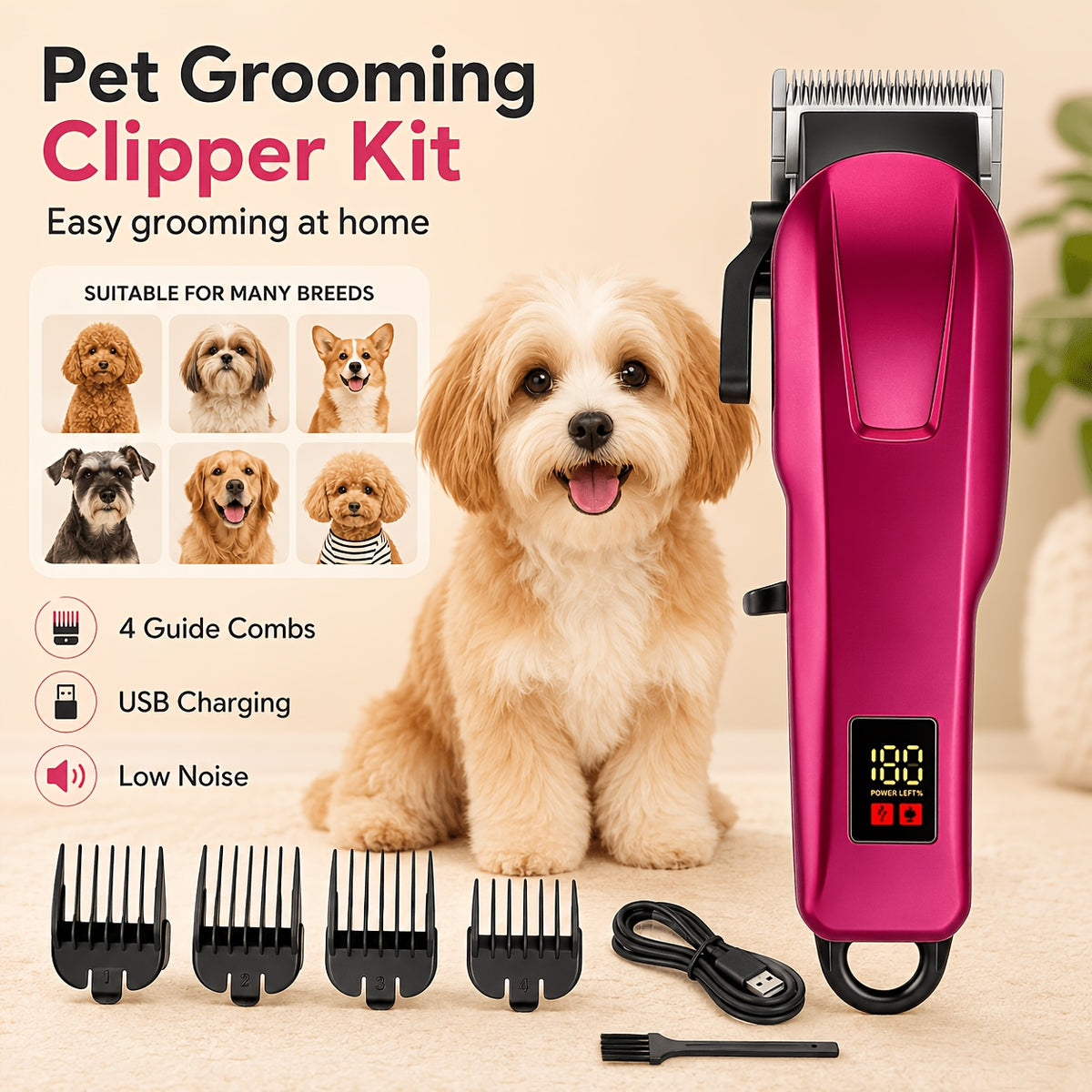 Cordless Pet Hair Clippers with 4 Guide Combs, Rechargeable Low-Noise Dog and Cat Grooming Trimmer with Ergonomic Grip in Golden or Pink