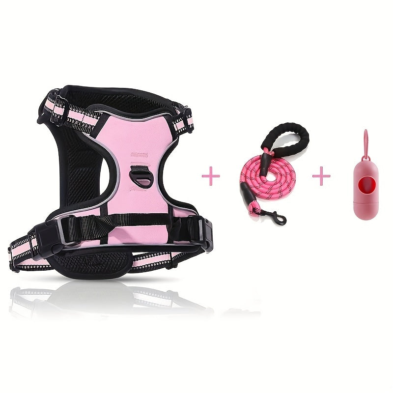 Dog Harness Set with Poop Bag Dispenser and Leash, Adjustable Reflective No-Pull Walking Gear in Black, Pink, Blue or Purple, S M L Options