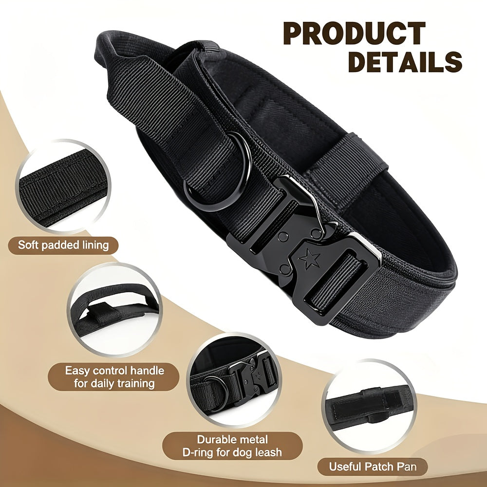 Wide Tactical Dog Collar 1.8 Inch with Control Handle, Quick-Release Metal Buckle and D-Ring, Nylon Walking and Training Collar for Medium and Large Dogs