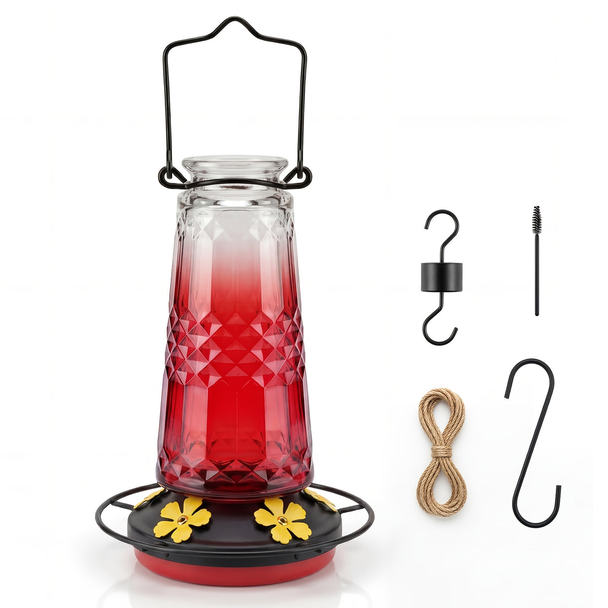 Glass Hummingbird Feeder 24oz by Kingsyard, Outdoor Hanging Nectar Feeder with 6 Feeding Ports and Ant Moat, Four Colors in Single or Two-Pack Options