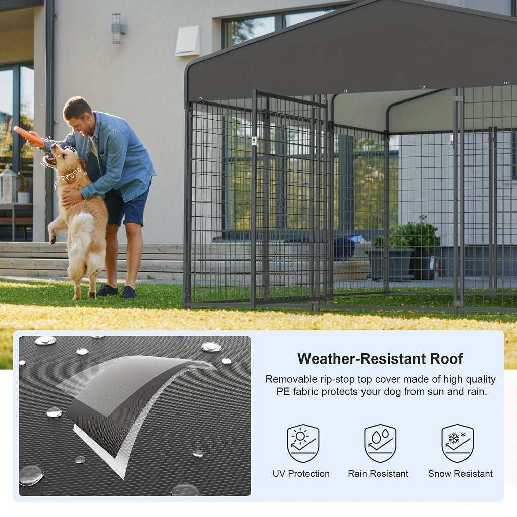 Outdoor Dog Run Enclosure with Roof Cover, Heavy-Duty Steel Mesh Kennel with Lockable Door and Ground Pegs, Four Size Options for Backyard and Farm