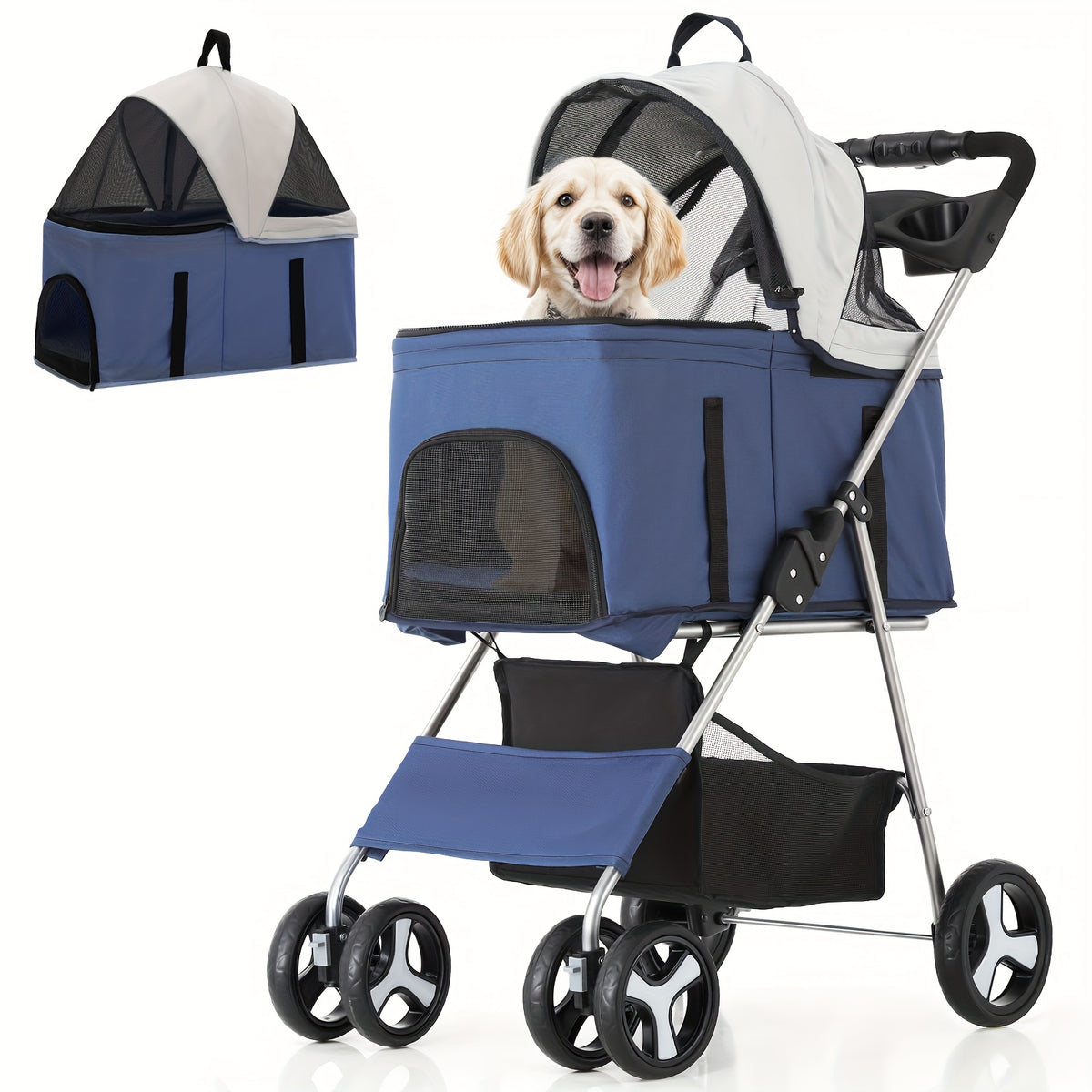 Dog Stroller for Pets up to 33 lbs, 3-in-1 Foldable Pushchair with Detachable Carrier, Car Seat Mode, Push-Button Entry and Mesh Canopy