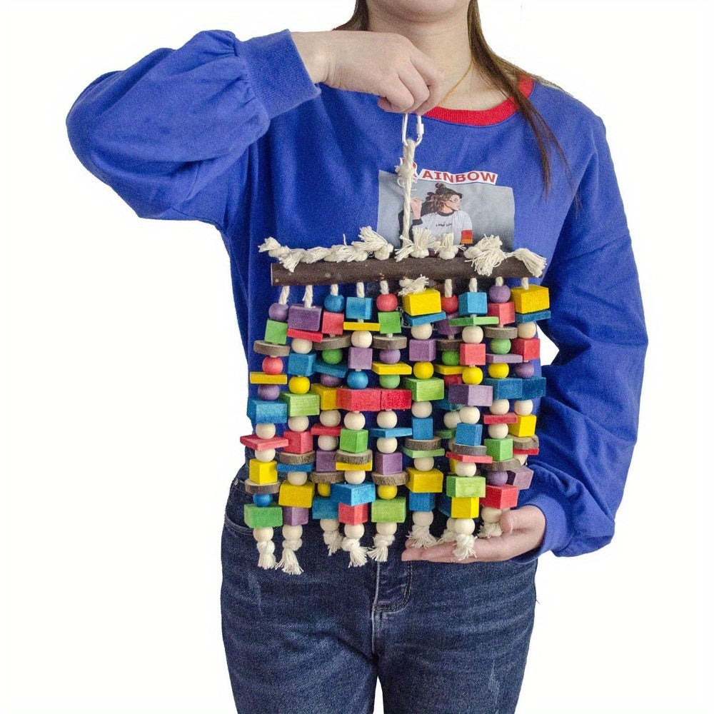 Hanging Parrot Chew Toy with Multicolored Wooden Blocks, 15.74 x 9.84 Inch Bird Cage Enrichment for Macaws, Cockatoos and African Greys