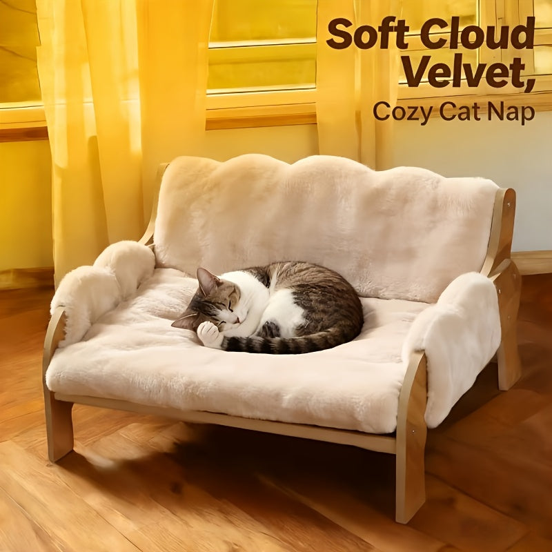 Plush Cat Sofa Bed with Elevated Design, Removable Washable Pet Lounger for Cats and Dogs, Brown Yellow or Grey for Everyday Indoor Rest