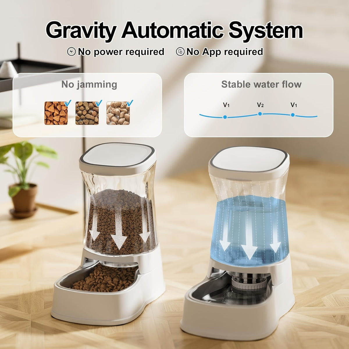 Dog Feeder and Water Dispenser Set, 2 x 1 Gallon Gravity-Fed Containers with Stainless Steel Bowls and Filter for Cats and Small to Medium Dogs