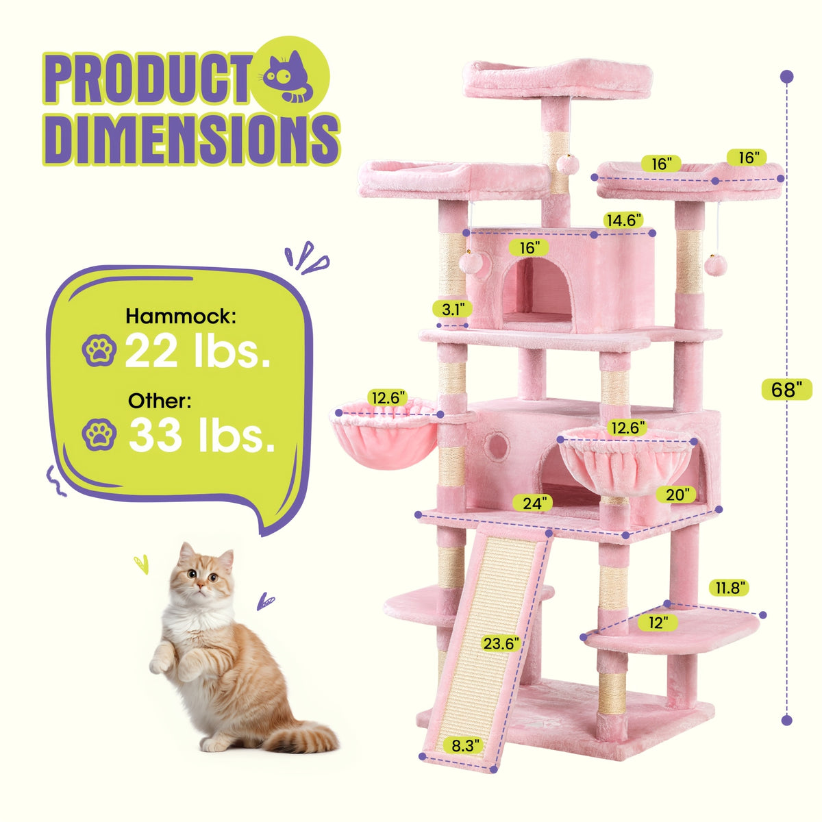 Multi-Size Cat Tree Tower for Indoor Cats, 36 65 68 or 81 Inch Multi-Level Pet Furniture with Sisal Scratching Posts and Plush Resting Areas