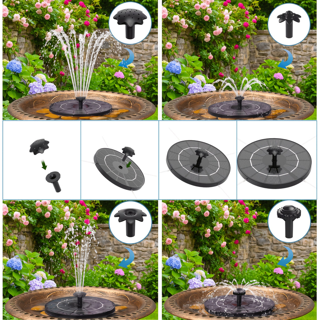 Solar Fountain Pump for Bird Baths, Floating Round Water Sprayer with Interchangeable Nozzle Styles for Outdoor Garden and Patio Water Features