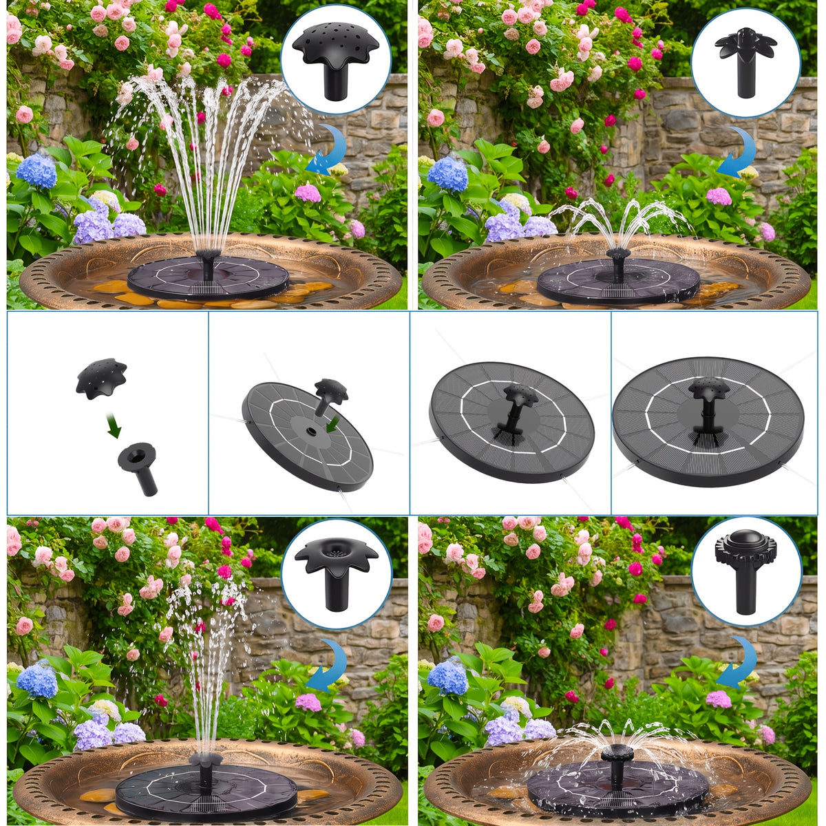 Solar Fountain Pump for Bird Baths, Floating Round Water Sprayer with Interchangeable Nozzle Styles for Outdoor Garden and Patio Water Features