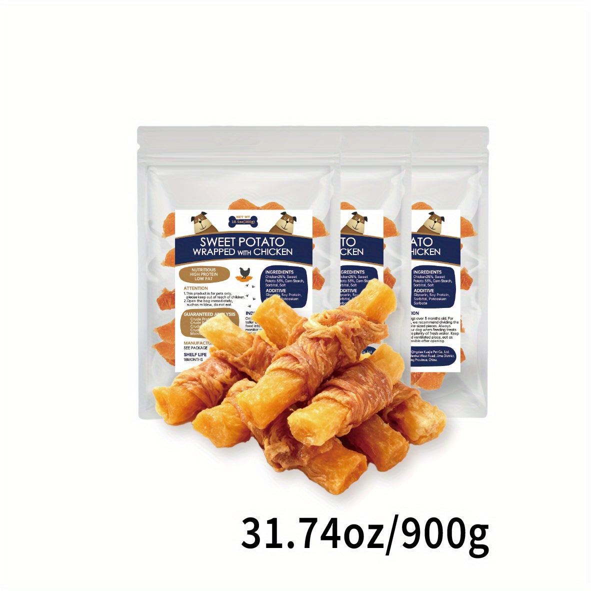 Sweet Potato Dog Treats with Skinless Chicken Wraps, Chewy Fries in 600g or 900g Packs for Supervised Snack Time and Everyday Rewards