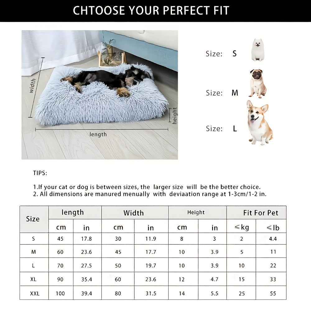 Plush Dog Bed Mat in Light Gray, Washable Polyester Cat Sleeping Pad with Fluffy Rectangular Cushion for Cozy Indoor Rest, S L XL Sizes