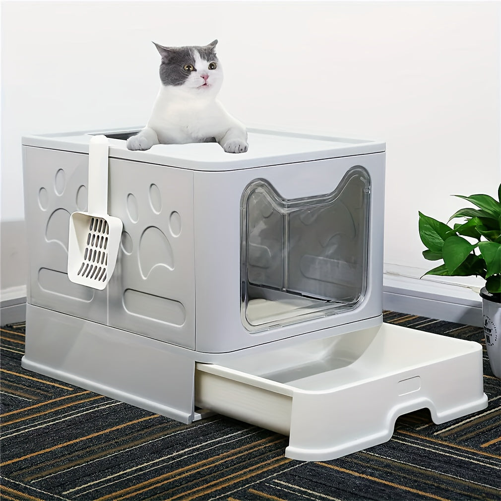 Foldable Cat Litter Box with Drawer Tray and Scoop, Large Plastic Top-Entry Kitty Toilet with Perforated Lid for Indoor Cat Potty Care