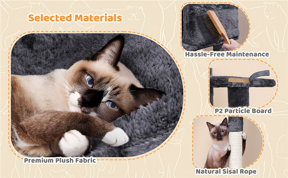 63 Inch Cat Tree with Hammock and Condo, Light Gray Plush Multi-Level Cat Tower with Scratching Posts, Ramp, Top Perch and Hanging Ball
