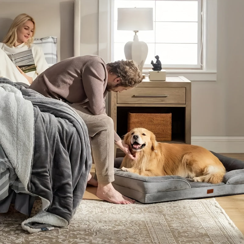 Four-Sided Bolster Dog Bed with Egg-Crate Foam, Grey Flannel Pet Sofa with Removable Washable Cover, Lowered Entry and Non-Skid Bottom, M to XXL