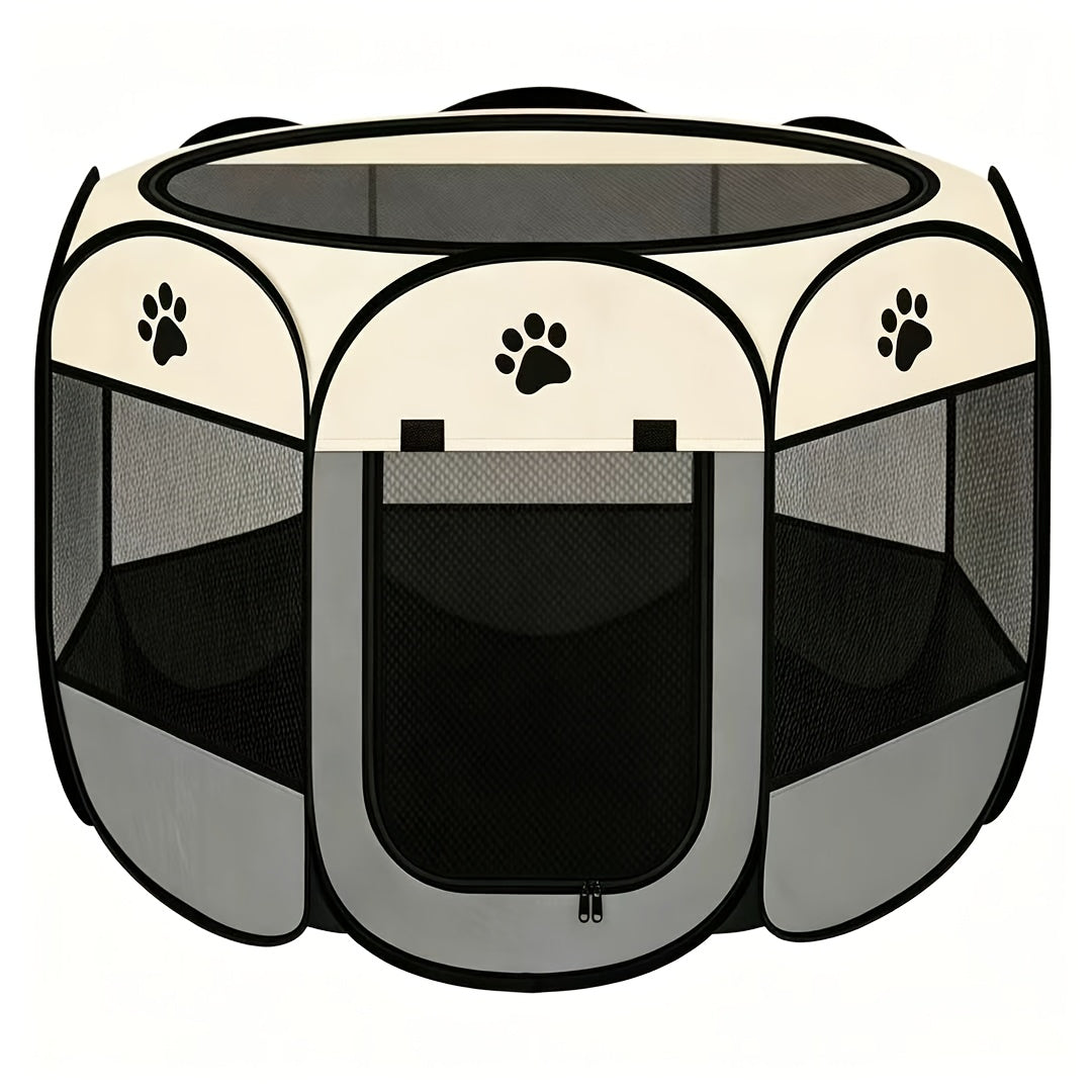 Open Top Pet Playpen for Puppies and Kittens, Foldable Octagonal Oxford Fabric Enclosure with Mesh Windows for Indoor, Outdoor and Travel Use