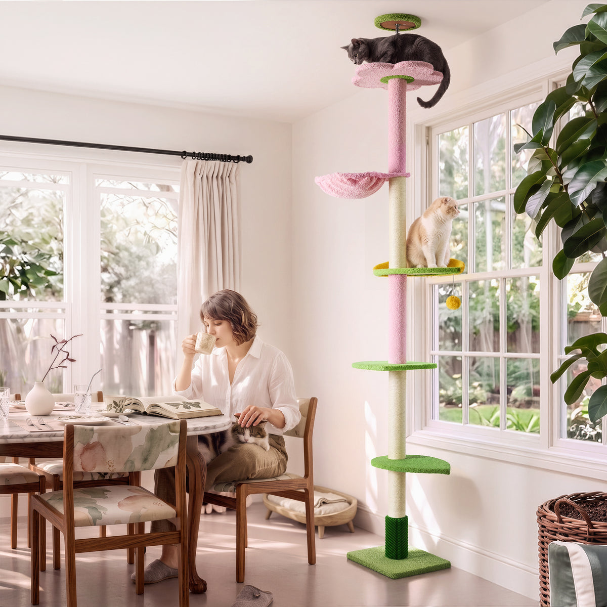 Floor to Ceiling Cat Tree with Hammock, Adjustable Cactus Cat Tower with Sisal Scratching Post, Faux-Fur Platforms and Interactive Playball for Indoor Cats