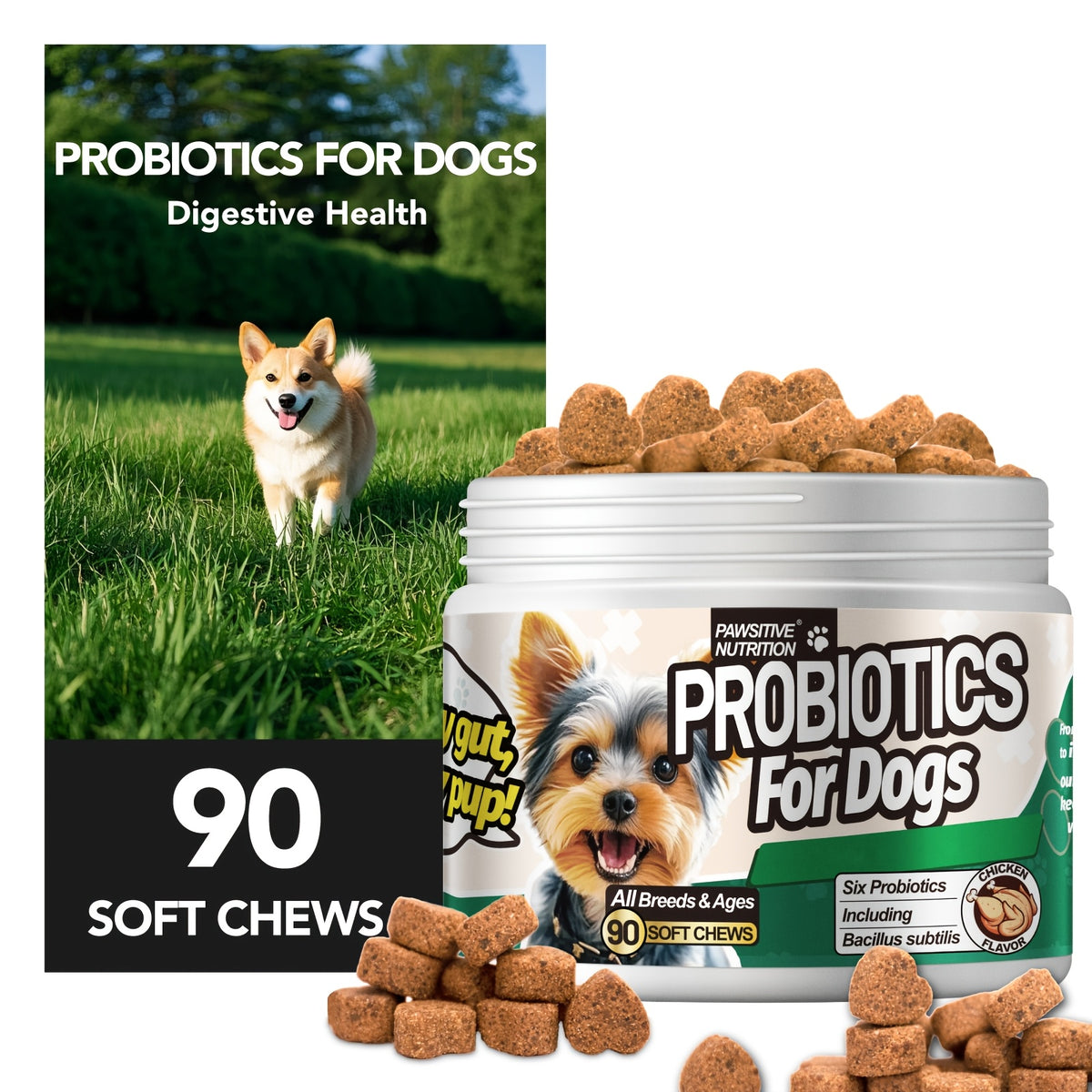 Dog Probiotic Soft Chews 90 Count, Chicken Flavor Six-Strain Formula with Prebiotics for Daily Digestive Support and Canine Gut Care