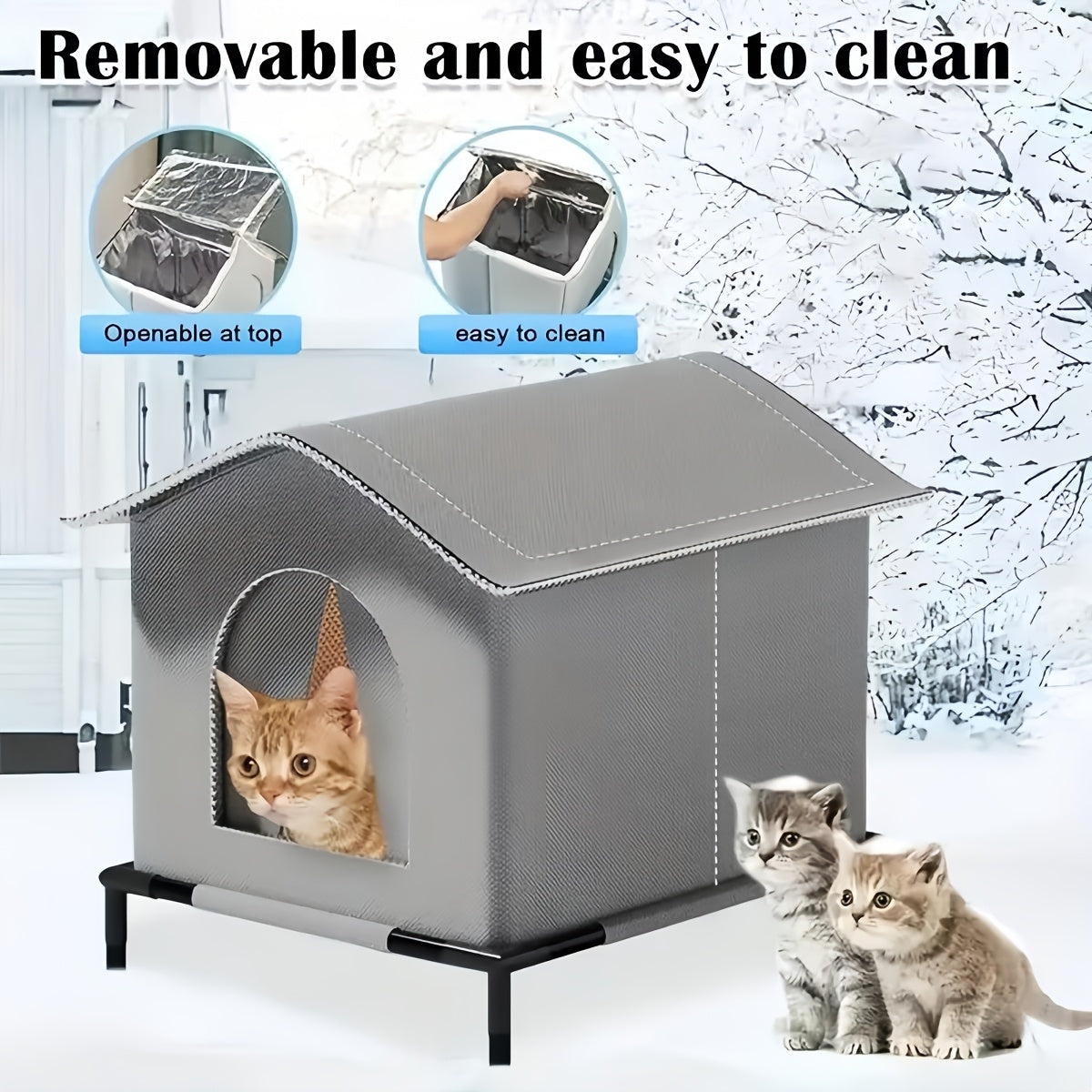 Outdoor Cat House with Raised Floor, Weatherproof Insulated Shelter for Feral and Stray Cats, Easy Assembly for Porch and Garage, Black or Grey