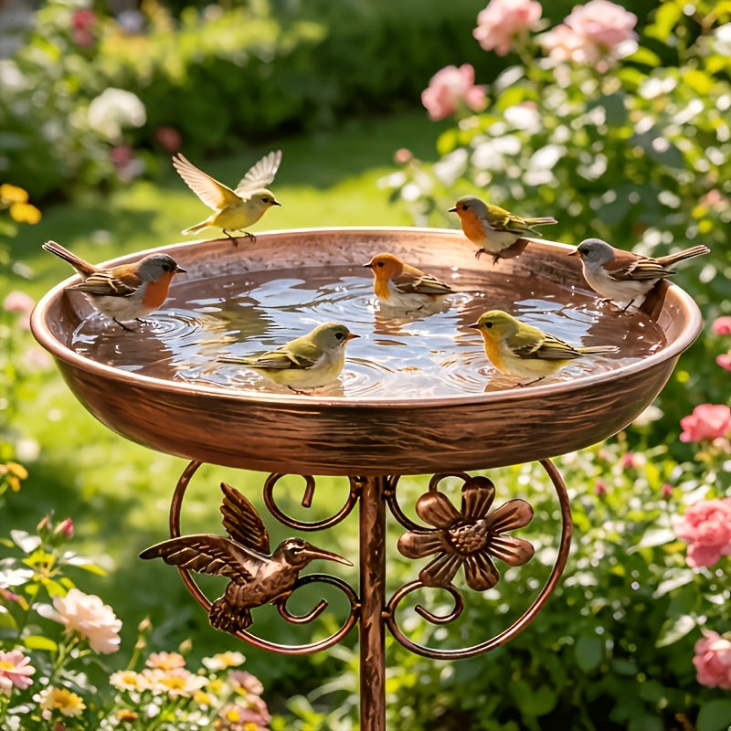 Sunflower Metal Bird Bath and Feeder with 5-Prong Ground Stake, Bronze Garden Basin with Hummingbird Accent, Single or Double-Layer Options, No Fountain
