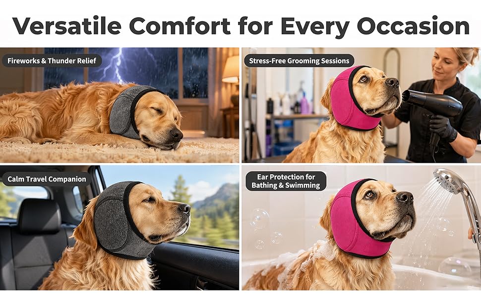 Dog Ear Wrap Grooming Hood, Adjustable Soft Ear Cover with Hook-and-Loop Closure for Supervised Bath-Time and Grooming Routines, Three Sizes and Five Colors