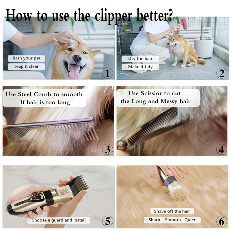 Electric Pet Clippers for Dogs and Cats, Rechargeable Low-Noise Hair Trimmer for At-Home Grooming with Three Gold Grooming Set Options