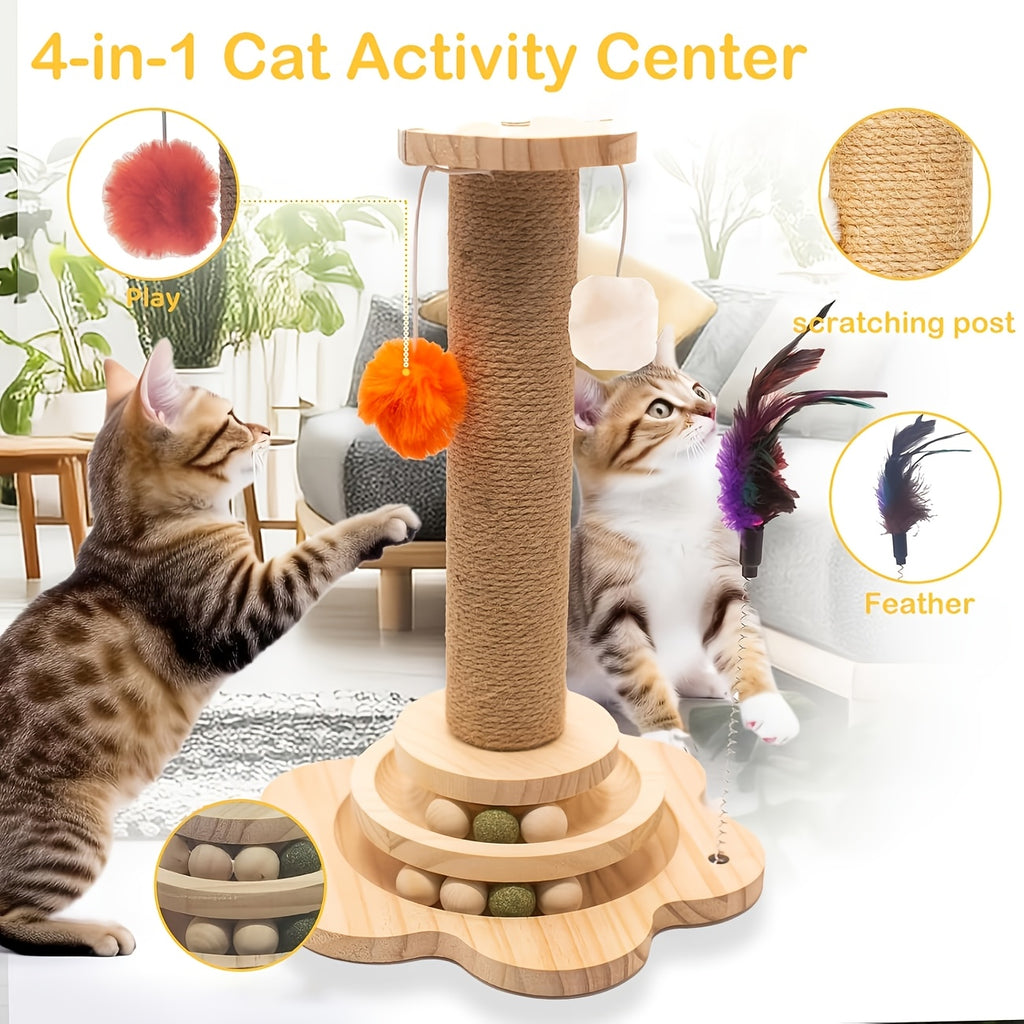 4-in-1 Cat Scratching Post with Ball Tracks, Hanging Toys and Feather Teaser for Indoor Cats, Small to Large and Replacement Column Options