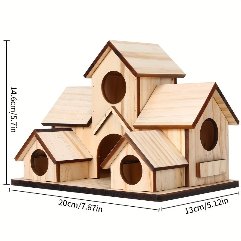Villa Style Wooden Birdhouse with Multiple Entry Openings, Compact Wood Color Bird House for Outdoor Garden Decor and Bird Lover Gifts