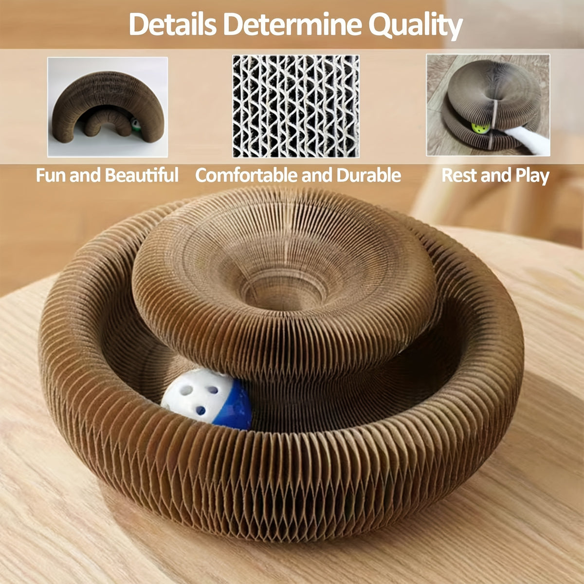 Accordion Cat Scratcher with Ball Track, Foldable Corrugated Cardboard Scratching Pad for Indoor Cats, Brown with Bell Bundle Option