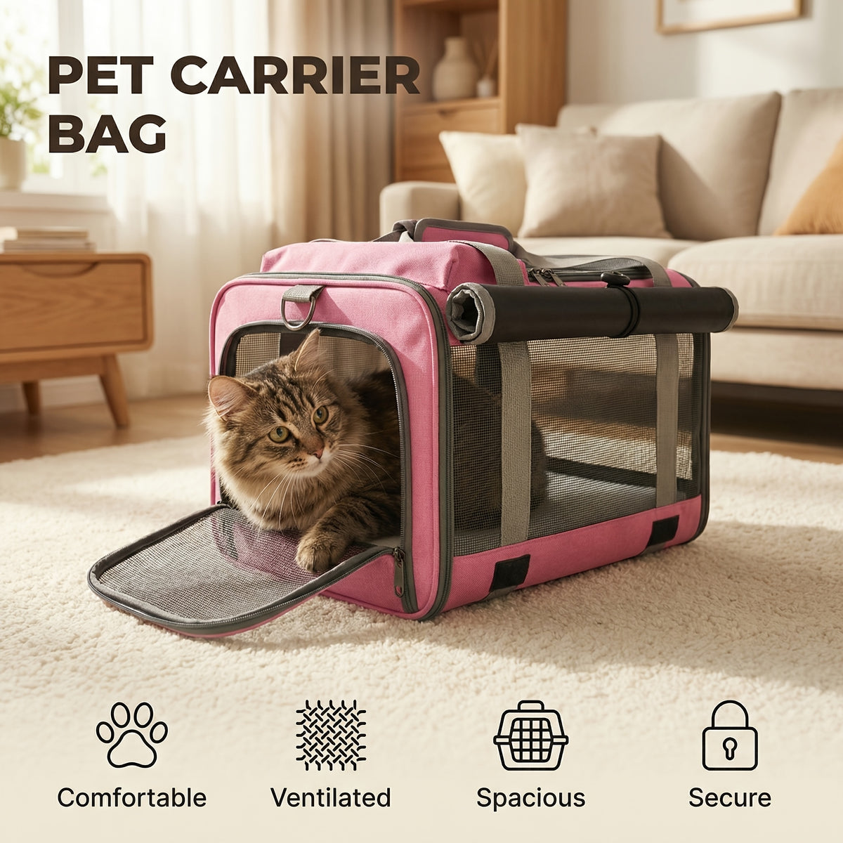 Oxford Pet Carrier for Cats and Small Dogs, Soft-Sided Collapsible Travel Bag with Breathable Design, Privacy Features and Optional Collar Set