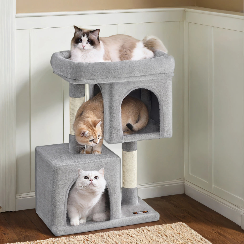 Cat Tower with Two Caves, 33.1 Inch Indoor Cat Condo with Large Perch and Scratching Post for Cats up to 16 lb, Three Neutral Color Options