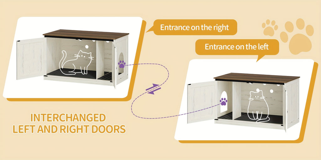 Hidden Litter Box Furniture with Barn Doors, Farmhouse Cat Cabinet with Reversible Entrance, Removable Divider and Ventilation Holes