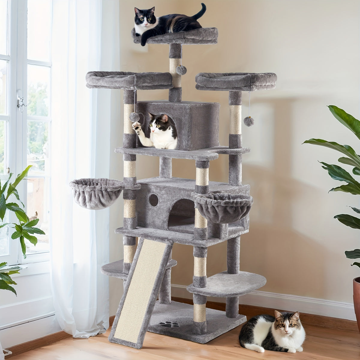 Cat Tree with Plush Baskets, 68 Inch Multi-Level Indoor Cat Tower with Condo Hideaway, Soft Perches, Sisal Scratching Posts and Wide Base