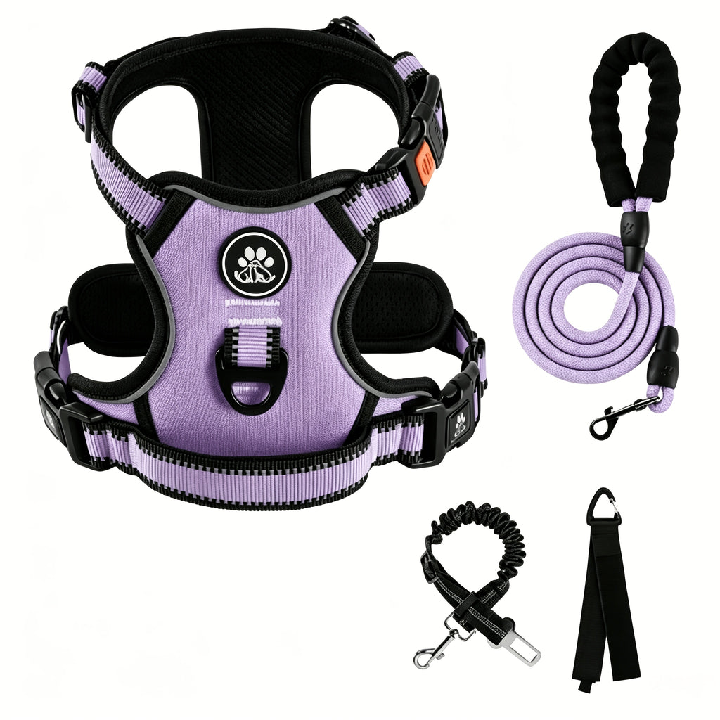 No Pull Dog Harness Set with Three-Buckle Open-Neck Design, Reflective Adjustable Vest, Padded Handle, Leash and Seat Belt, XS-XL