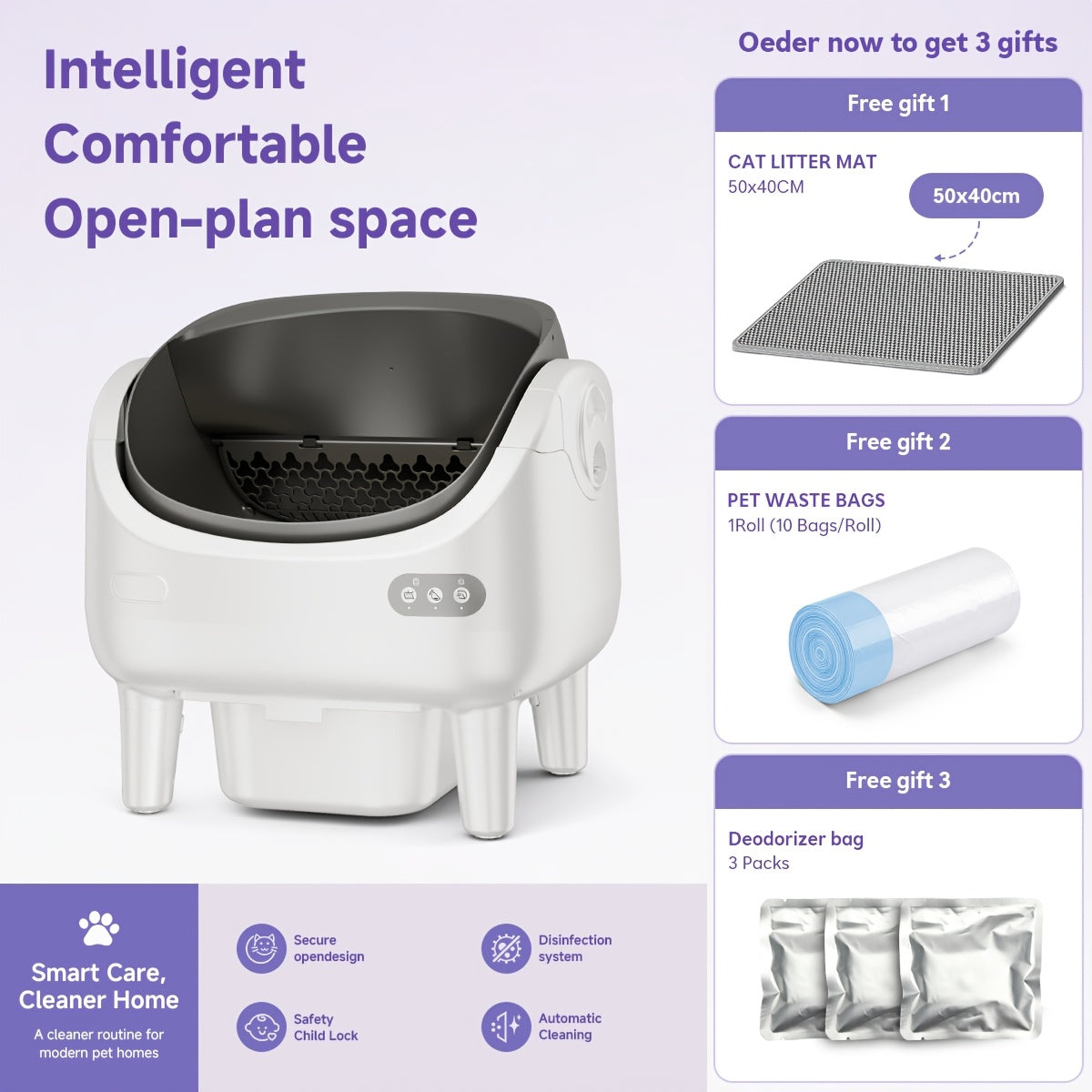 Sensor Equipped Self Cleaning Litter Box with Open Design, Extra Large Automatic Cat Toilet and Large Waste Compartment for Multi-Cat Homes