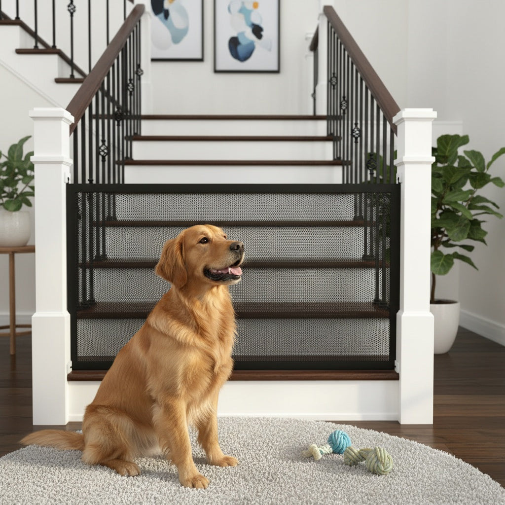 Dog Gate with 6 Hooks, Drill-Free Black Mesh Pet Barrier with Portable Expandable Design for Doorways, Hallways and Indoor Room Separation