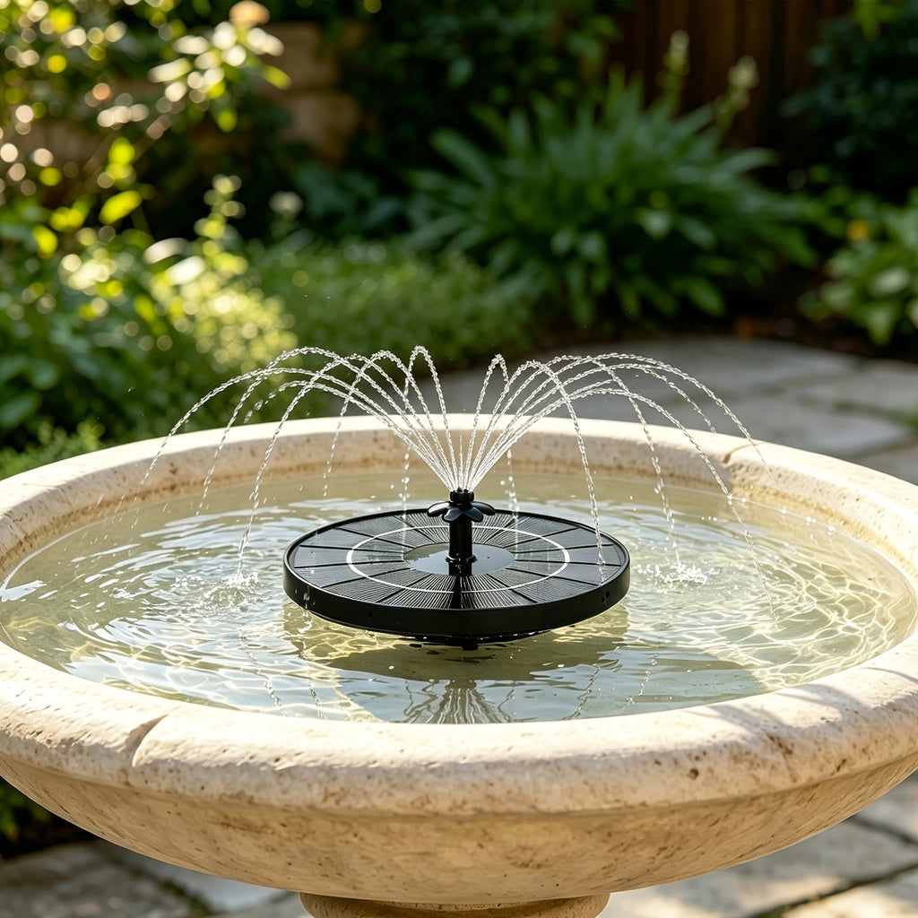 Solar Fountain Pump for Bird Baths, Floating Round Water Sprayer with Interchangeable Nozzle Styles for Outdoor Garden and Patio Water Features