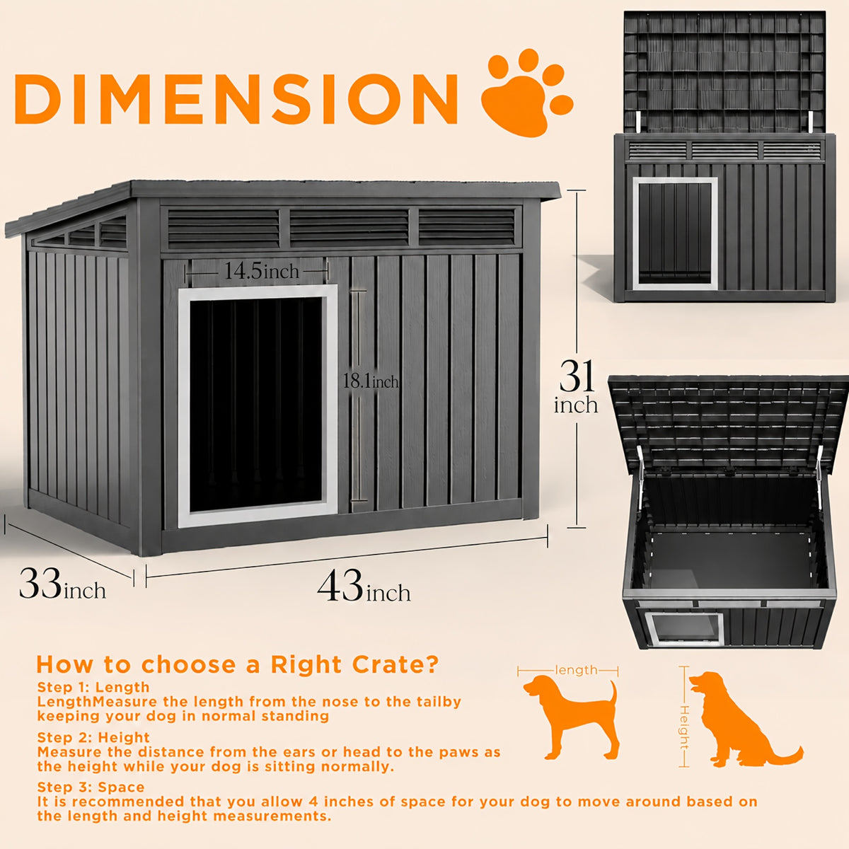 Dog House for Large Dogs Outdoor, All-Weather Resin Dog Shelter with Lift-Up Slant Roof and Ventilation Louvers, Windproof Rainproof UV-Resistant, 2 Sizes in Black or Gray