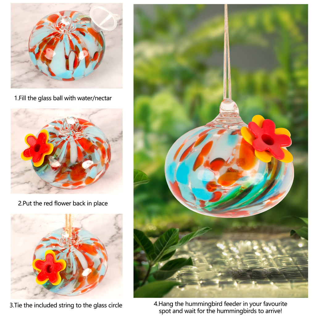 Hanging Glass Hummingbird Feeder with Flower Port, Colorful Round Nectar Ornament for Garden, Patio and Terrace Decor, Bird Lover Gift