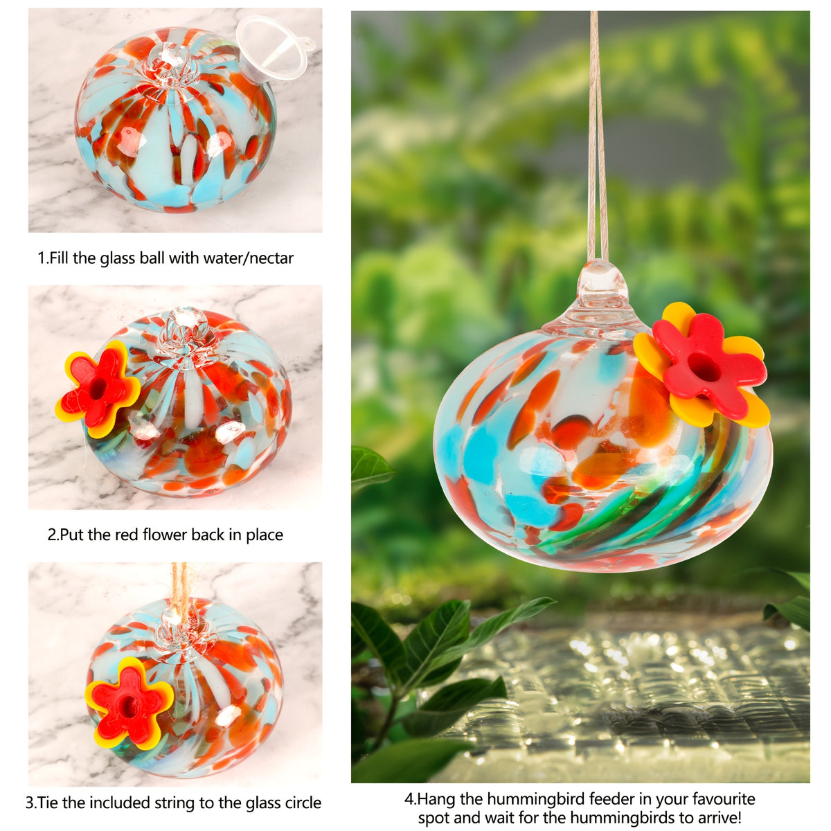 Hanging Glass Hummingbird Feeder with Flower Port, Colorful Round Nectar Ornament for Garden, Patio and Terrace Decor, Bird Lover Gift